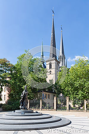 Place de Clairefontaine Luxembourg City with monument and cathedral Editorial Stock Photo