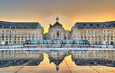 Place de la Bourse reflecting from the water mirror in Bordeaux, France Stock Photo