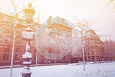 Place de la Republique in Paris during rare snow Stock Photo