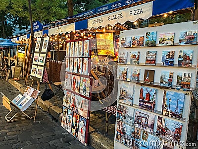 Place du Tertre, artists` displays, on Montmartre, Paris, France Editorial Stock Photo