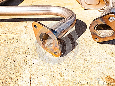 Place of joints of fastening pipes of the exhaust system of the car. Stock Photo