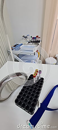 A place or laboratory for blood sampling, a working place where medical personnel take blood for tests from a patient, a laborator Editorial Stock Photo