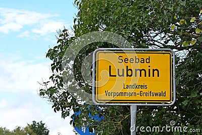 Place-name sign of the seaside resort Lubmin in the district of Vorpommern Greifswald at the Baltic sea, nearby is the landfall of Editorial Stock Photo