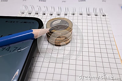 place for text, notebook, graph with pen and euro coins. Close-up of a pen and euro coins on top of a financial graph Stock Photo