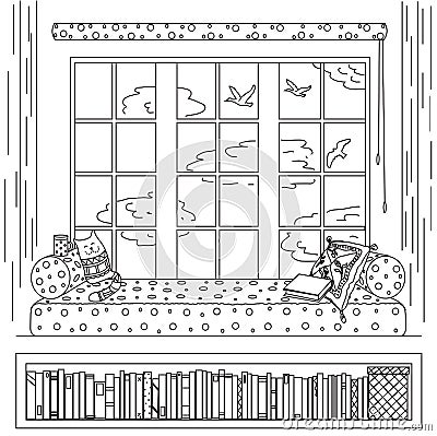 A place to read. Cozy window and window sill. Vector Illustration