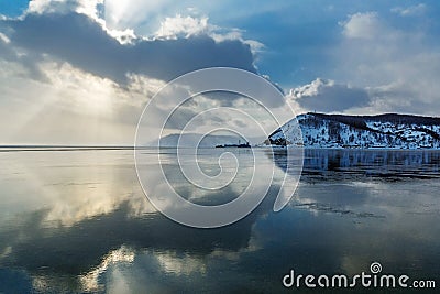 Place where the Angara River flows out of Lake Baikal Stock Photo