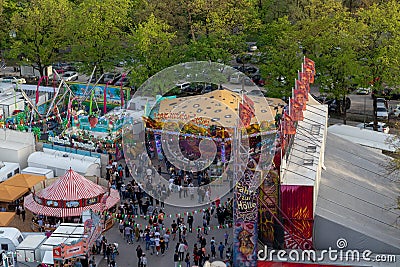 Plaerrer, Augsburg Germany, APRIL 22, 2019: view out of the ferris wheel over the Augsburger Plaerrer. Swabia biggest funfair Editorial Stock Photo