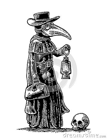 Plague, doctor with bird mask,suitcase, lantern, garlic and hat. Engraving Vector Illustration