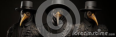 Plague doctor, halloween costume with big raven cranberry and top hat. Banner with place for text. Stock Photo