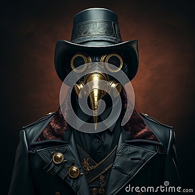 Plague doctor, halloween costume with big raven cranberry and top hat. Banner with place for text. Stock Photo