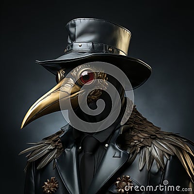 Plague doctor, halloween costume with big raven cranberry and top hat. Banner with place for text. Stock Photo