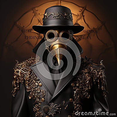 Plague doctor, halloween costume with big raven cranberry and top hat. Banner with place for text. Stock Photo