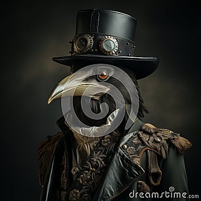 Plague doctor, halloween costume with big raven cranberry and top hat. Banner with place for text. Stock Photo