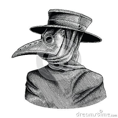 Plague doctor hand drawing vintage engraving isolate on white ba Vector Illustration