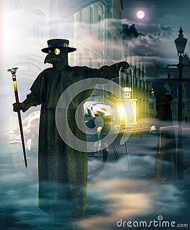 Plague Doctor picking up vitims at night Stock Photo