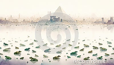 The Plagues of Egypt. Watercolor illustration of frogs covering the land of Egypt. Cartoon Illustration