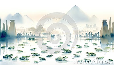 The Plagues of Egypt. Watercolor illustration of frogs covering the land of Egypt. Cartoon Illustration