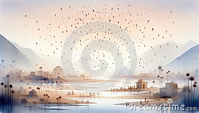The Plagues of Egypt. Watercolor illustration of Egypt pyramids and the locusts flying over the Nile. Cartoon Illustration