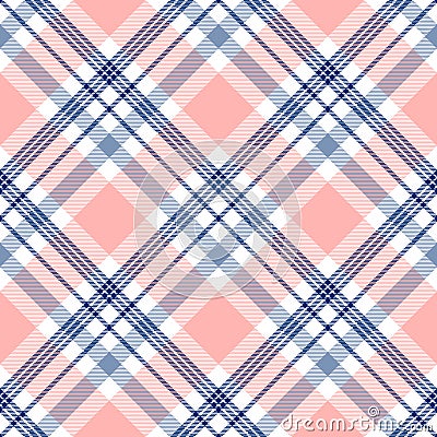 Plaid check pattern in navy blue, pink and white. Seamless fabric texture. Vector Illustration