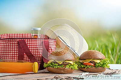 Plaid, juice, burger, and a picnic bag, under the warm sun, in the blossoming spring gardens. Picnic concept, summer and rest Stock Photo