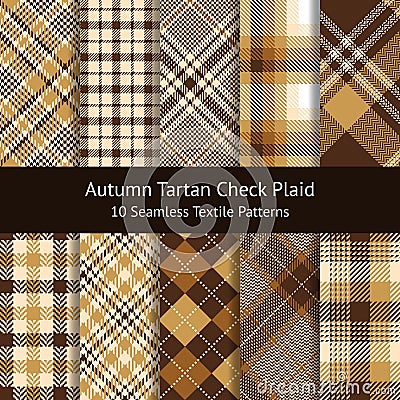 Plaid pattern set. Gingham, argyle, tartan, and tweed check plaid in brown and gold. Vector Illustration