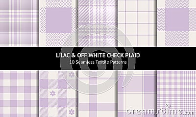 Plaid pattern set vector in pastel lilac and off white. Seamless light tartan checks. Glen, tweed, floral gingham, vichy. Vector Illustration