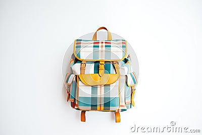 plaid patterned backpack on white, shot from above Stock Photo