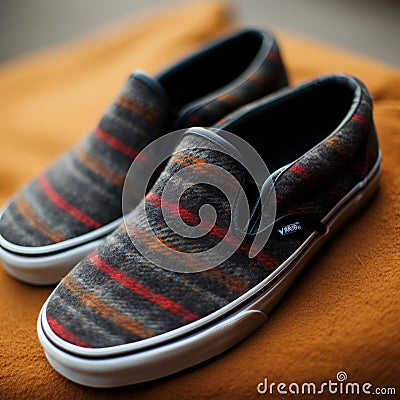 Plaid Vans Slip On Shoes: Tweed Stripes, Black Slippers For Men And Women Stock Photo