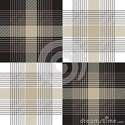 Beige, black and white patchwork tartan plaid. Tweed pattern fabric swatch close-up. Vector Illustration