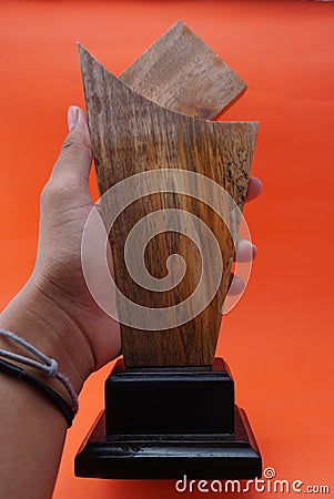 A plain award plaque made of wood on an orange background and used as a keepsake. Suitable for Awards, trophies, certificates, web Stock Photo