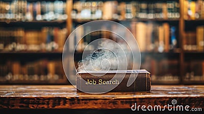 Plain book called Job Search lies on bookshelf. Blurred books behind, dust particles hover above. Shallow depth highligh Stock Photo