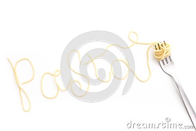 Plain cooked spaghetti pasta on fork and Pasta text, on white background. Stock Photo