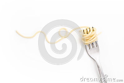 Plain cooked spaghetti pasta on fork with swirl, on white background. Stock Photo