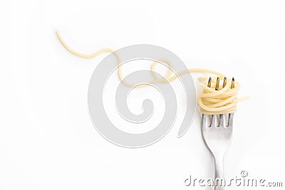 Plain cooked spaghetti pasta on fork with swirl, on white background. Stock Photo