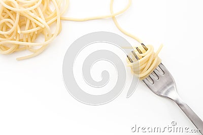 Plain cooked spaghetti pasta on fork, on white background. Stock Photo