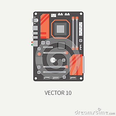 Plain flat color vector computer part icon motherboard. Cartoon. Digital gaming and business office pc desktop device Vector Illustration