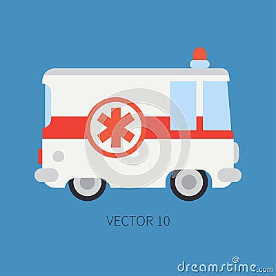 Plain flat plain vector icon ambulance car. Emergency assistance vehicle. Cartoon style. Reanimation. Maintenance Vector Illustration