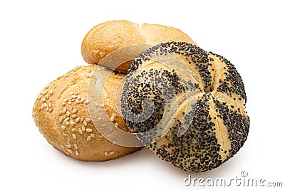 Plain, poppy seed amd sesame seed kaiser rolls isolated on white Stock Photo