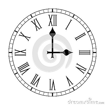 Plain Roman Numeral Clock Face on White Vector Illustration