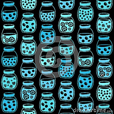 Plain seamless pattern with the fruit jam jars on a black background. Vector Illustration