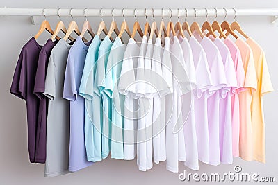 Plain t-shirts of different pastel colors hanging on wooden clothes hanger Stock Photo