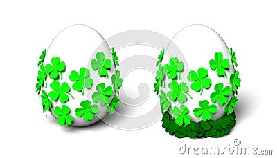 Plain white egg with bright green folded paper four leaf clovers and braided paper nest. Stock Photo