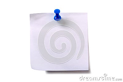 Plain white sticky post note with blue pushpin isolated background Stock Photo