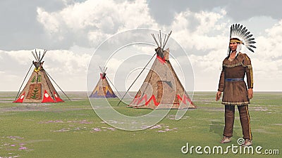 Plains Indian and Indian Camp Cartoon Illustration