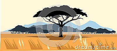 Plains and mountains. African savannah landscape. Silhouette picture. Africa acacia tree. Vector. Vector Illustration