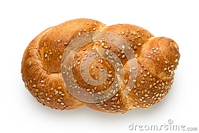 Plaited white bread roll with sesame seeds isolated on white. Top view Stock Photo