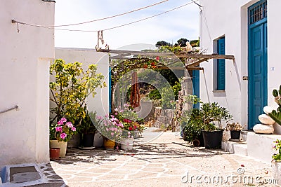 Plaka Town on Milos Island - picturesque narrow stone street with traditional greek whitewashed walls, blue doors, Greece. Stock Photo