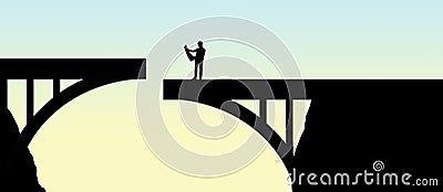 Plan ahead is the theme of this illustration of workmen inspecting a bridge that doesn`t come together in the middle Cartoon Illustration