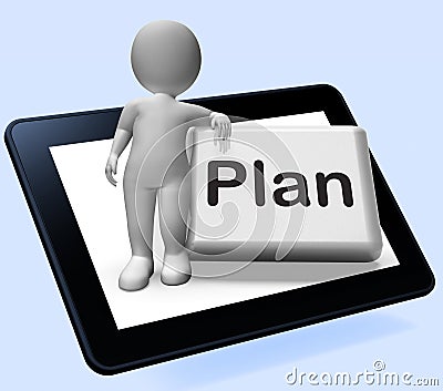 Plan Button With Character Shows Objectives Planning And Organizing Stock Photo