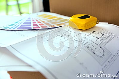 Plan, color palette and metre Stock Photo